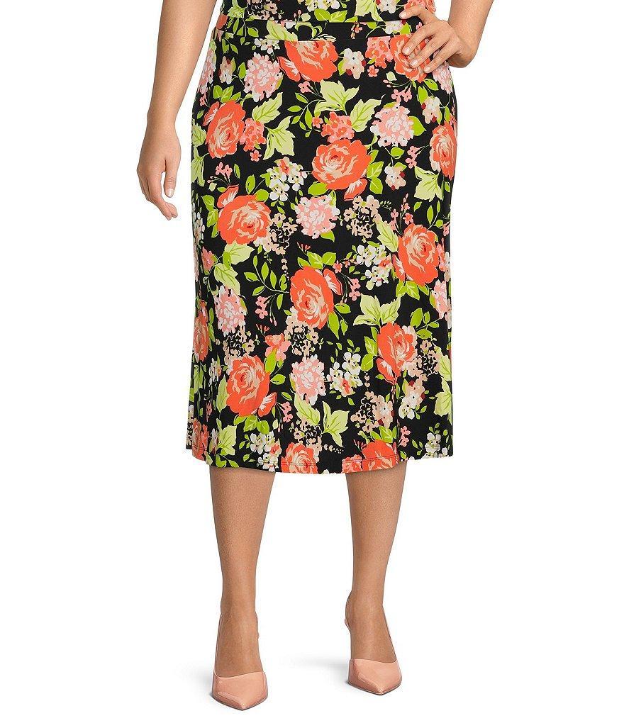 Kasper Plus Size Floral Print Midi Flared Coordinating A-Line Pull-On Skirt Product Image