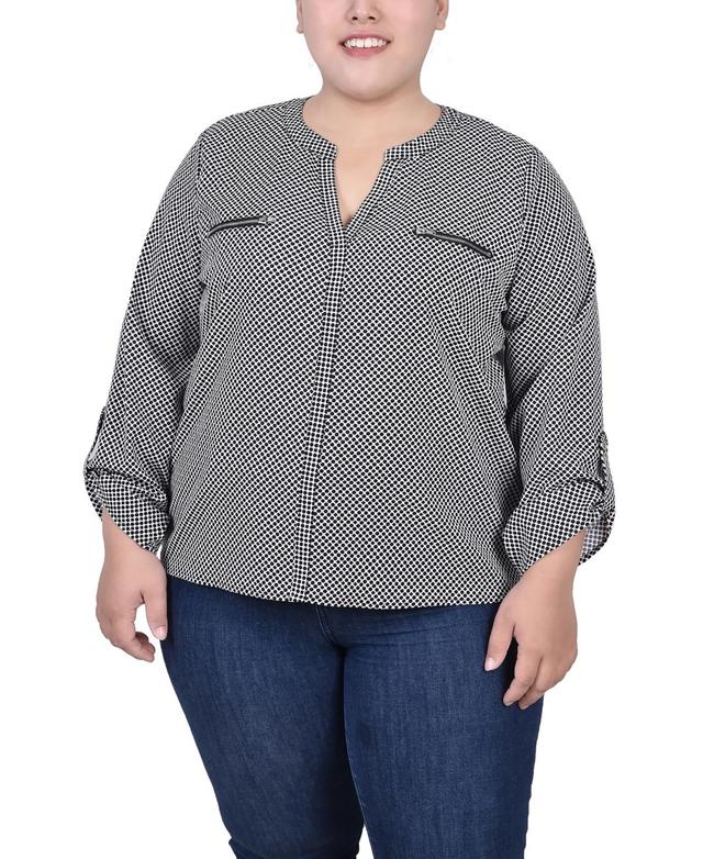 Ny Collection Plus Size Long Roll Tab Sleeve Zip Pocket Blouse Product Image