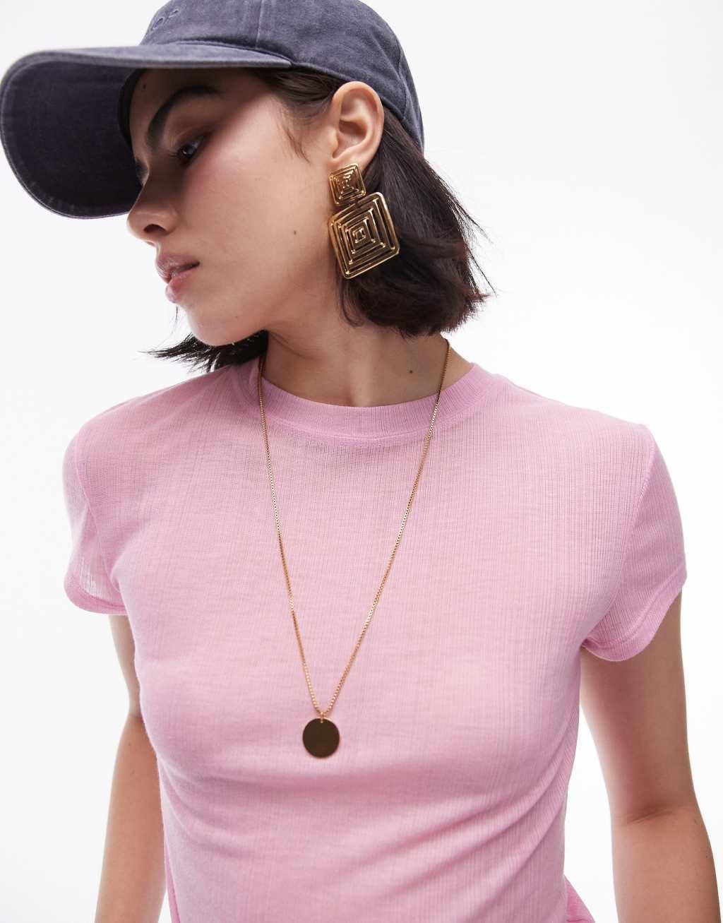 Topshop premium ribbed sheer longline tee in pink product image