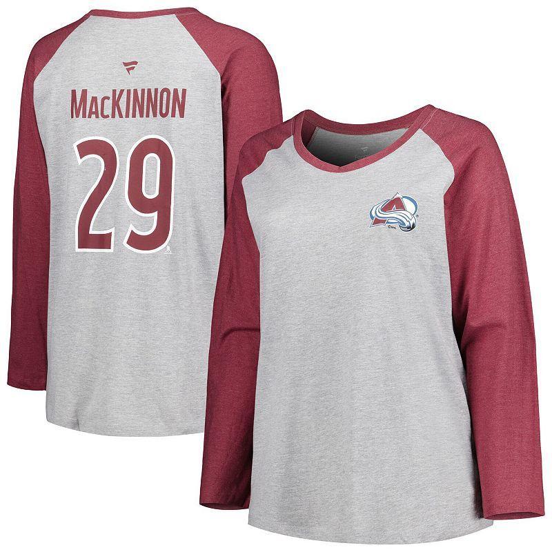 Women's Fanatics Branded Nathan MacKinnon Heather Gray/Heather Burgundy Colorado Avalanche Plus Size Name & Number Raglan Long Sleeve T-Shirt Product Image