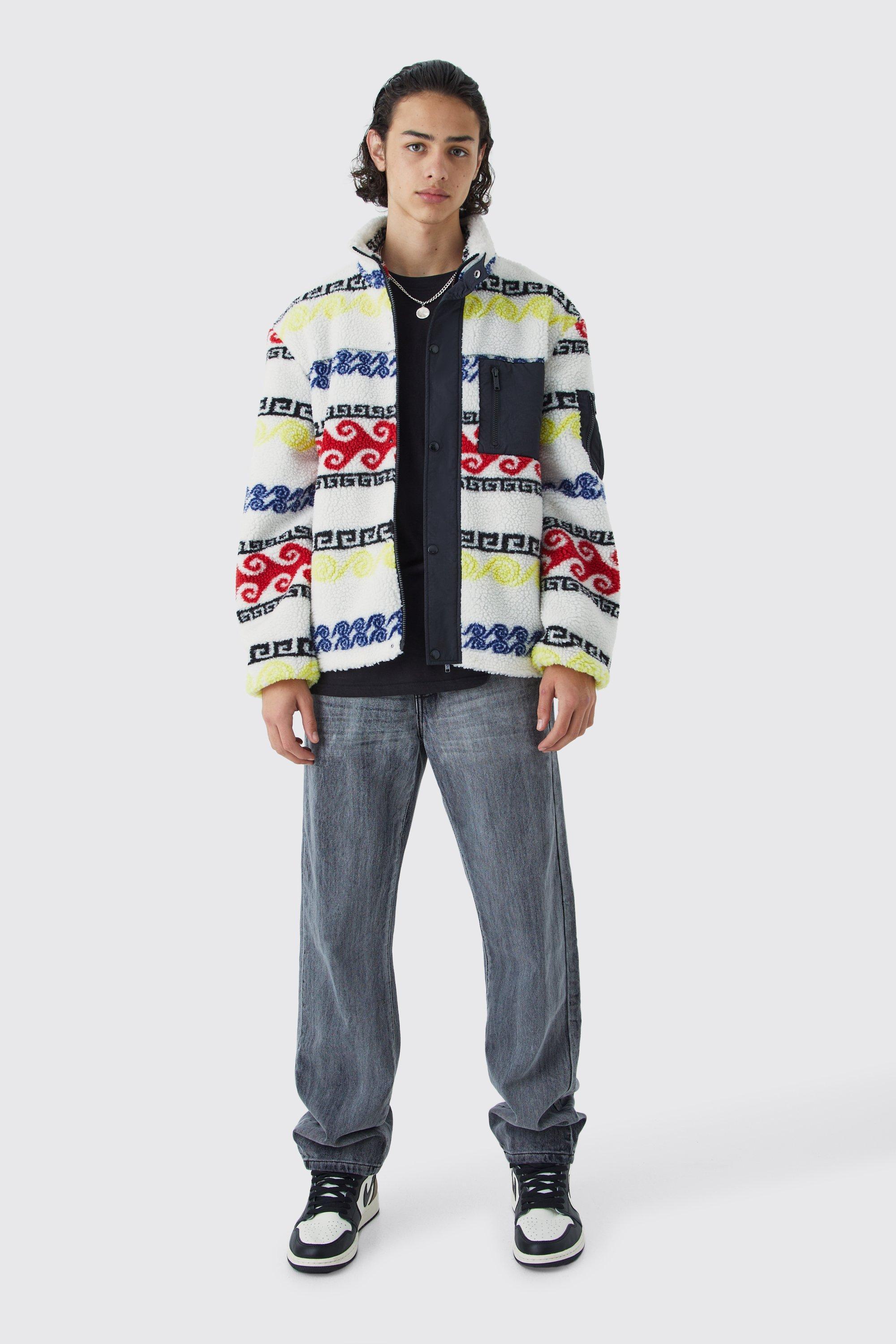 Borg & Nylon Mix Aztec Funnel Neck Jacket | boohooMAN USA Product Image