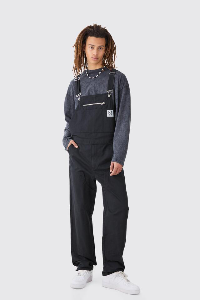 Washed Twill Branded Zip Carpenter Relaxed Fit Dungarees | boohooMAN USA Product Image