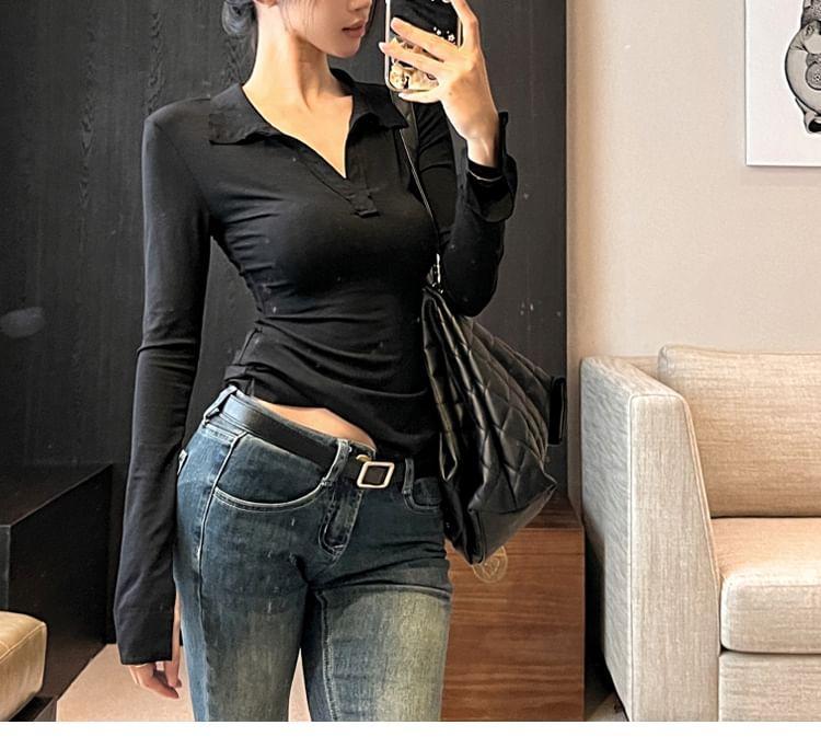 Long Sleeve V-Neck Plain Crop Polo Shirt Product Image