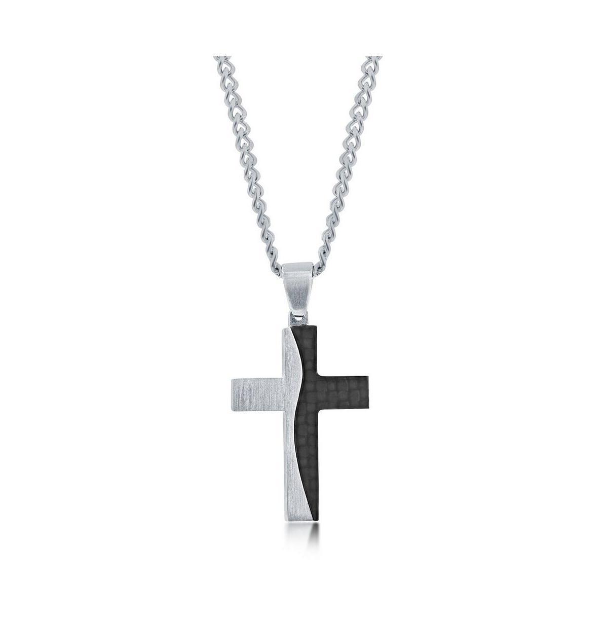 Mens Stainless Steel Silver & Carbon Fiber Cross Necklace Product Image