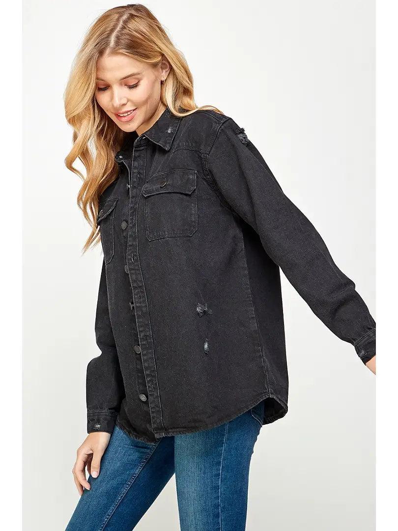 Women's Black Denim Distressed Jacket Female Product Image