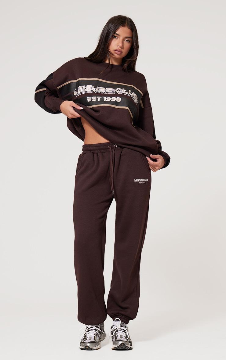 Dark Brown Print Embroidered Leisure Club Wide Leg Sweatpants product image