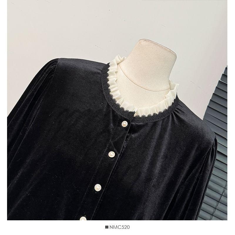 Contrast Ruffle-Trim Velvet Shirt Product Image