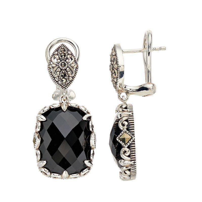 Lavish by TJM Sterling Silver Black Onyx & Marcasite Cushion Dangle Earrings, Womens Product Image