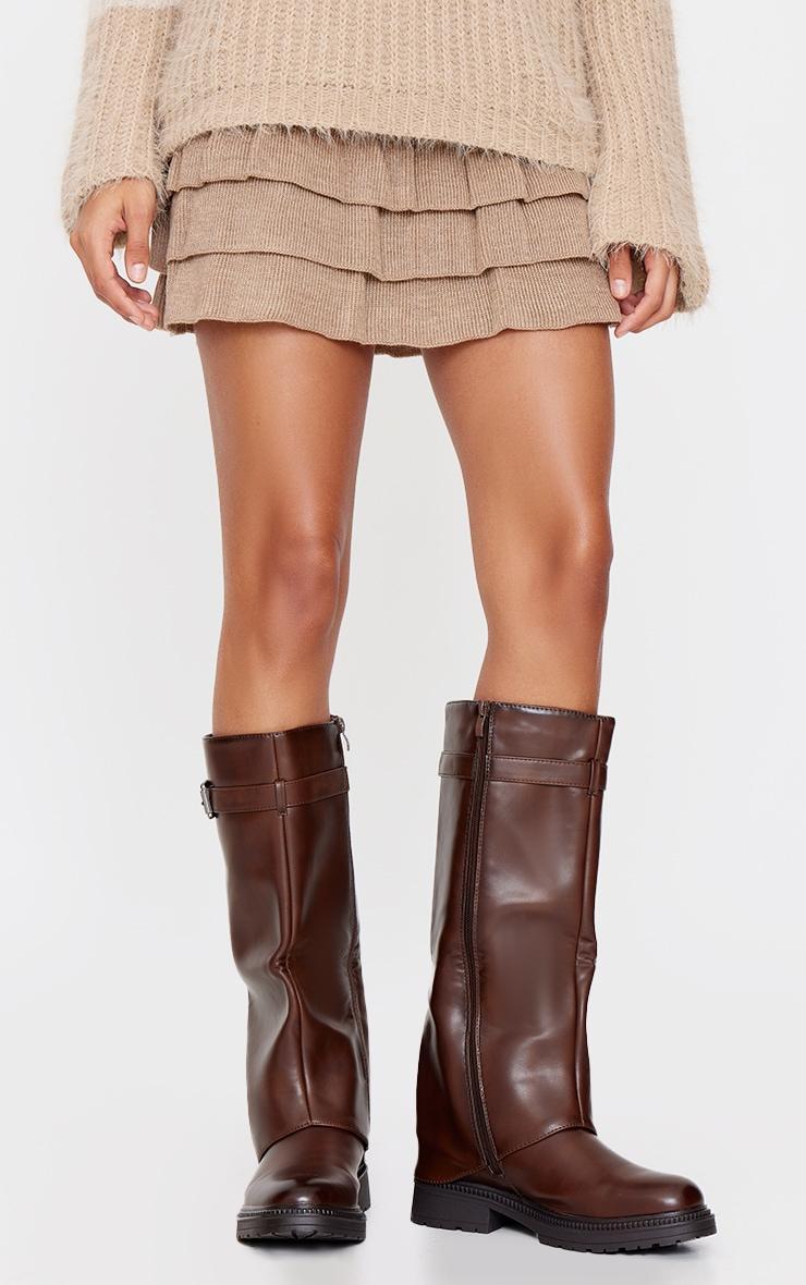 Brown PU Round Toe Fold Over Buckle Detail Knee High Boots Product Image