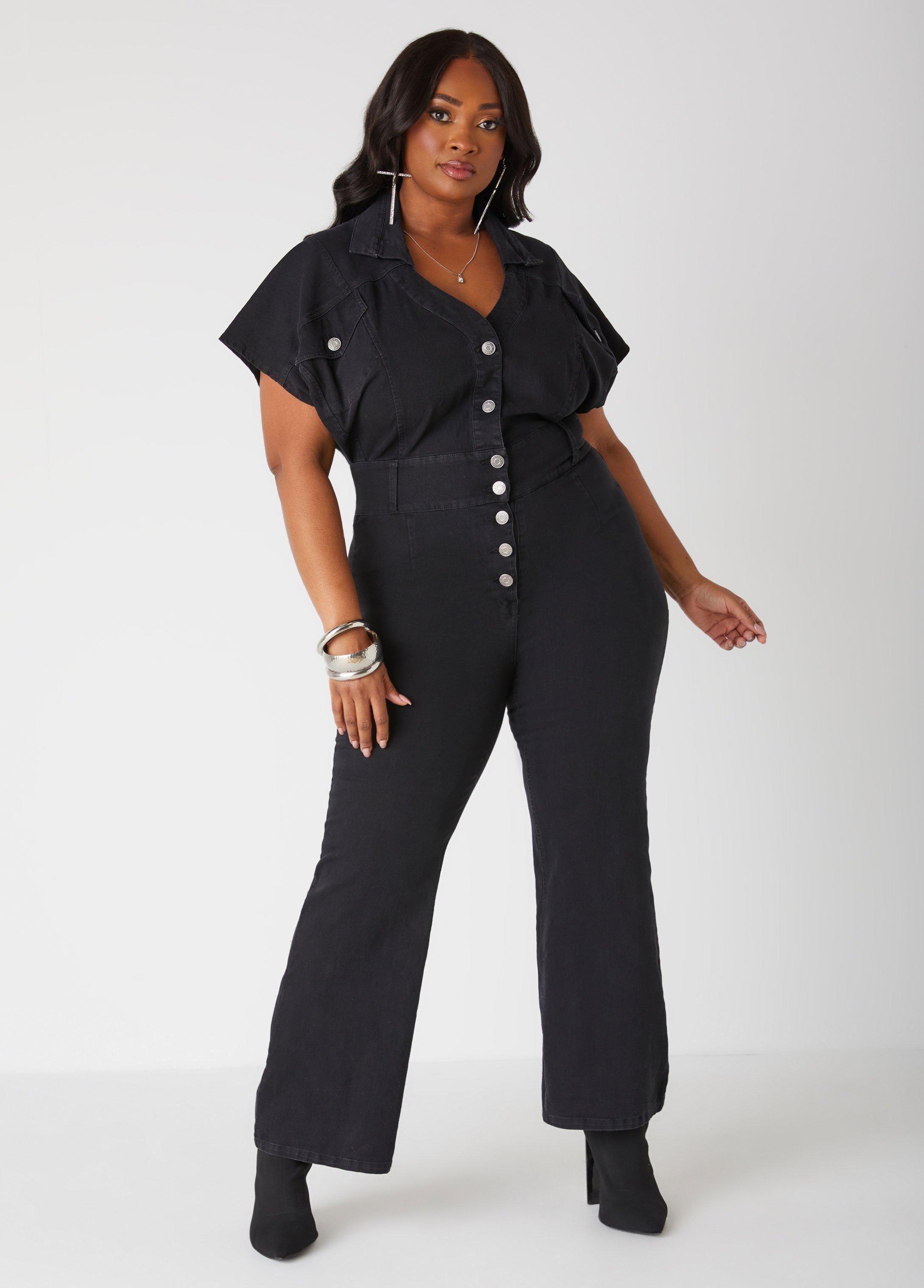 Plus Size Straight Leg Denim Jumpsuit Ashley Stewart Product Image