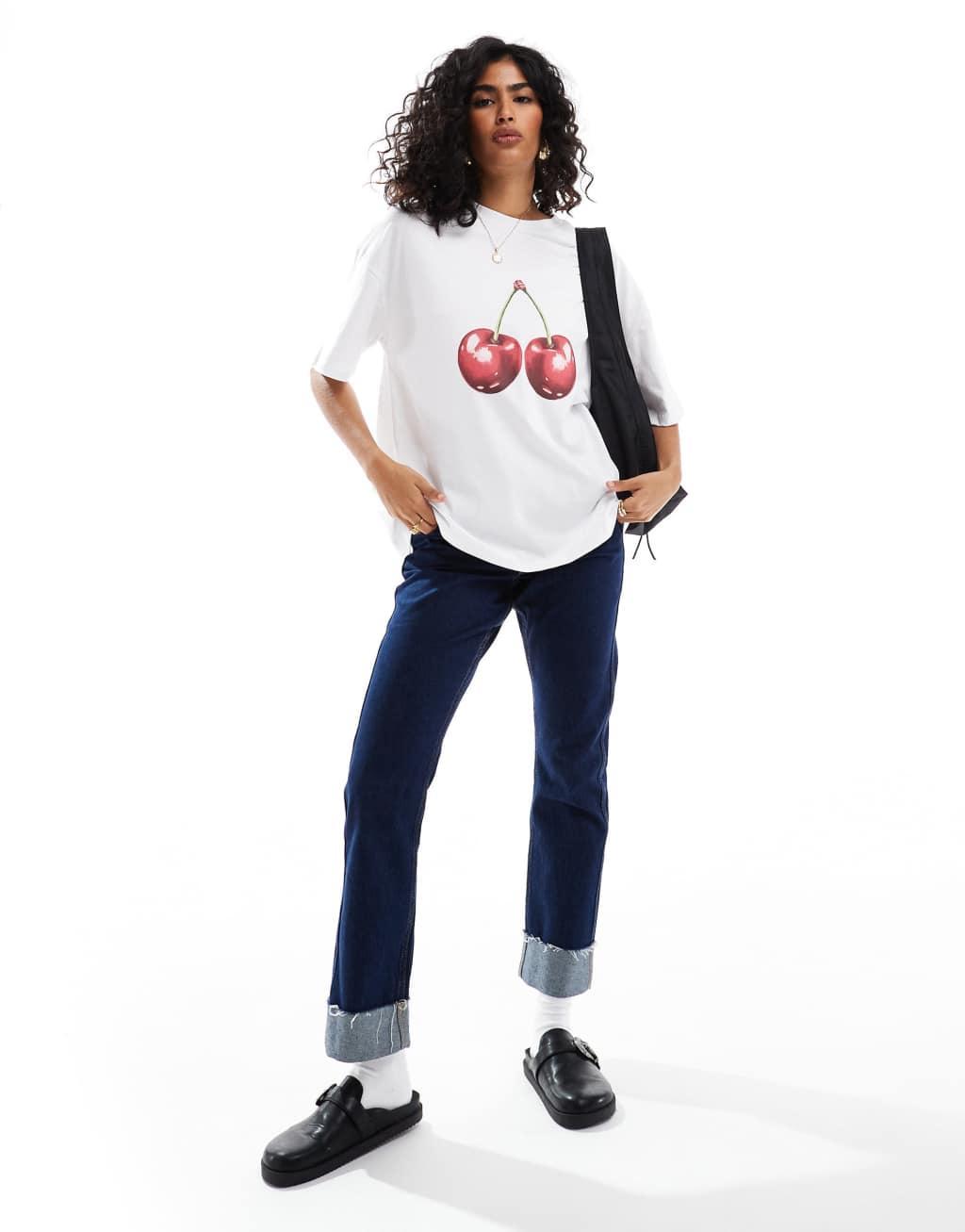 ASOS DESIGN oversized t-shirt with cherry graphic in white Product Image