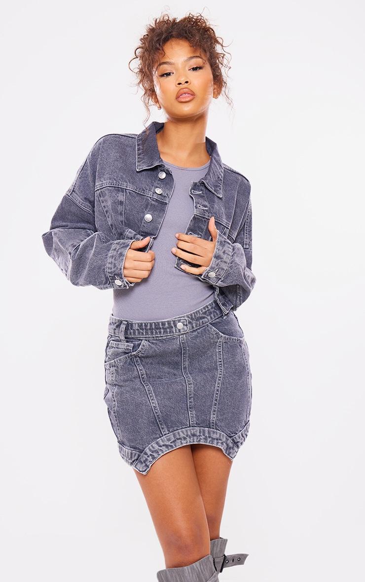 Grey Washed Curved Hem Denim Mini Skirt Product Image