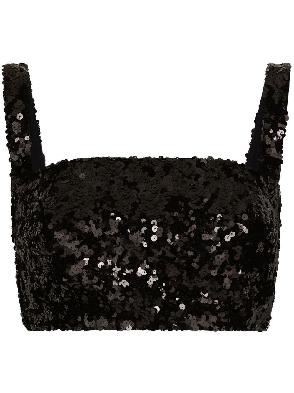 DOLCE & GABBANA Sequined Crop Top With Straps In Black Product Image