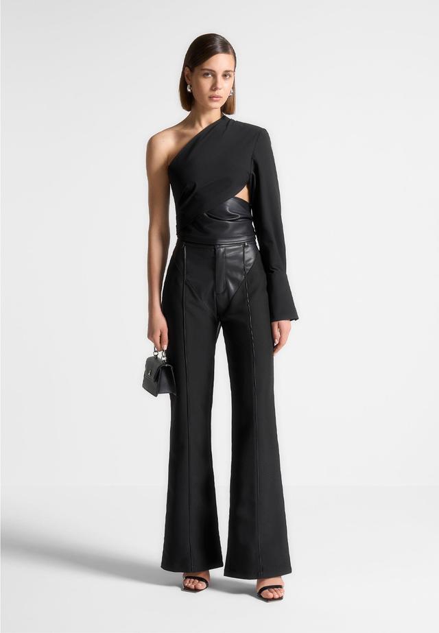 Vegan Leather & Woven Trousers - Black Female Product Image