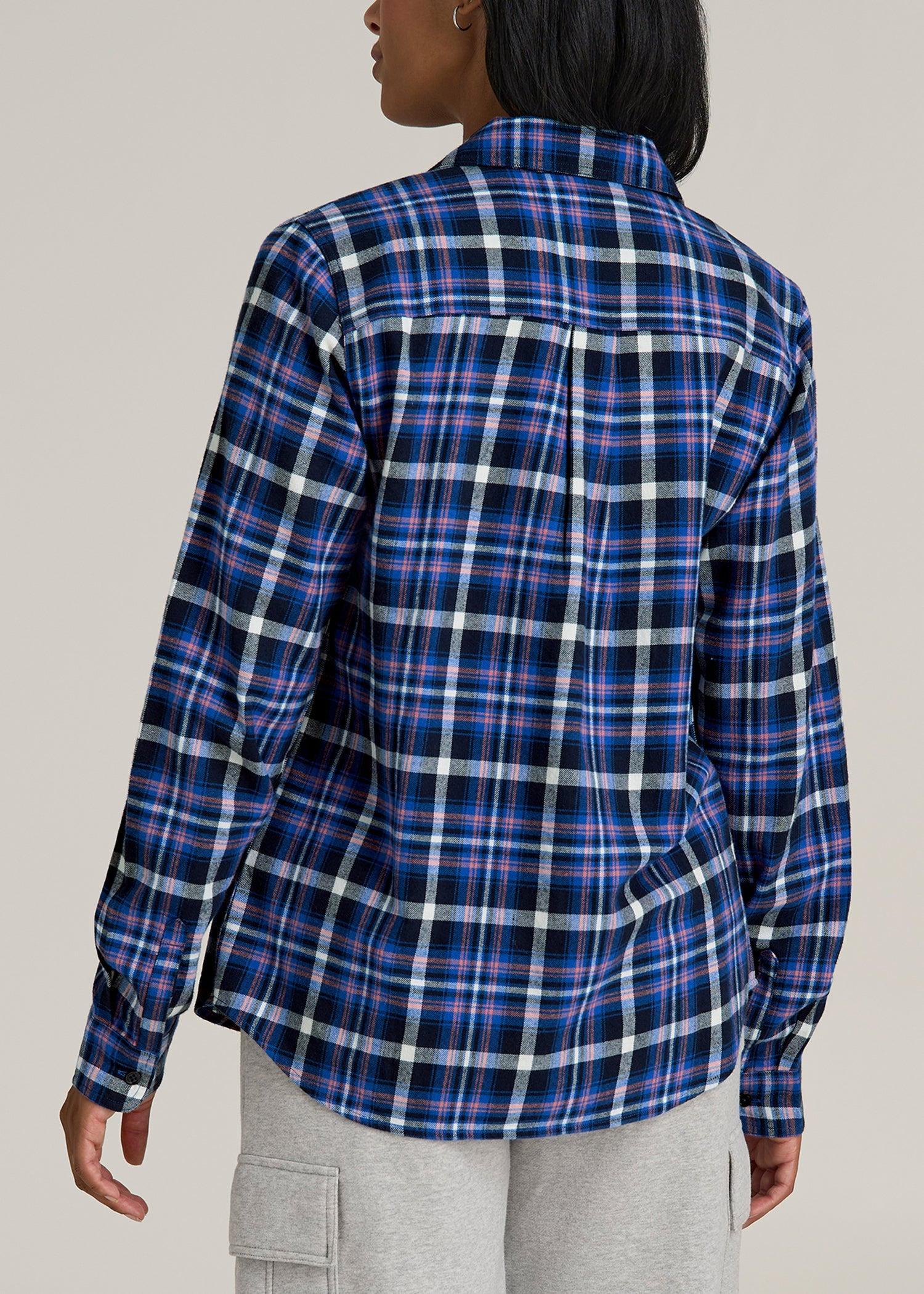 Flannel Button-Up Shirt for Tall Women in Cobalt, Navy, and Peach Plaid Female Product Image