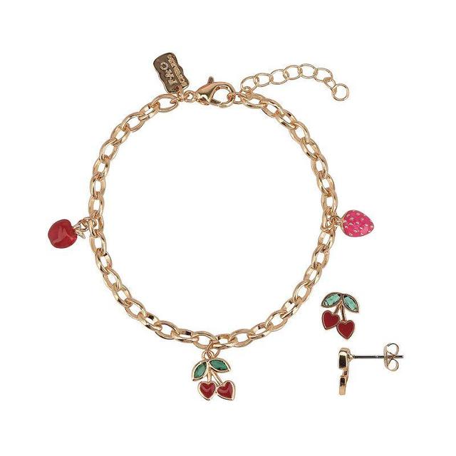 FAO Schwarz Gold Tone Crystal Cherry Bracelet & Stud Earrings Set, Womens, Red Product Image