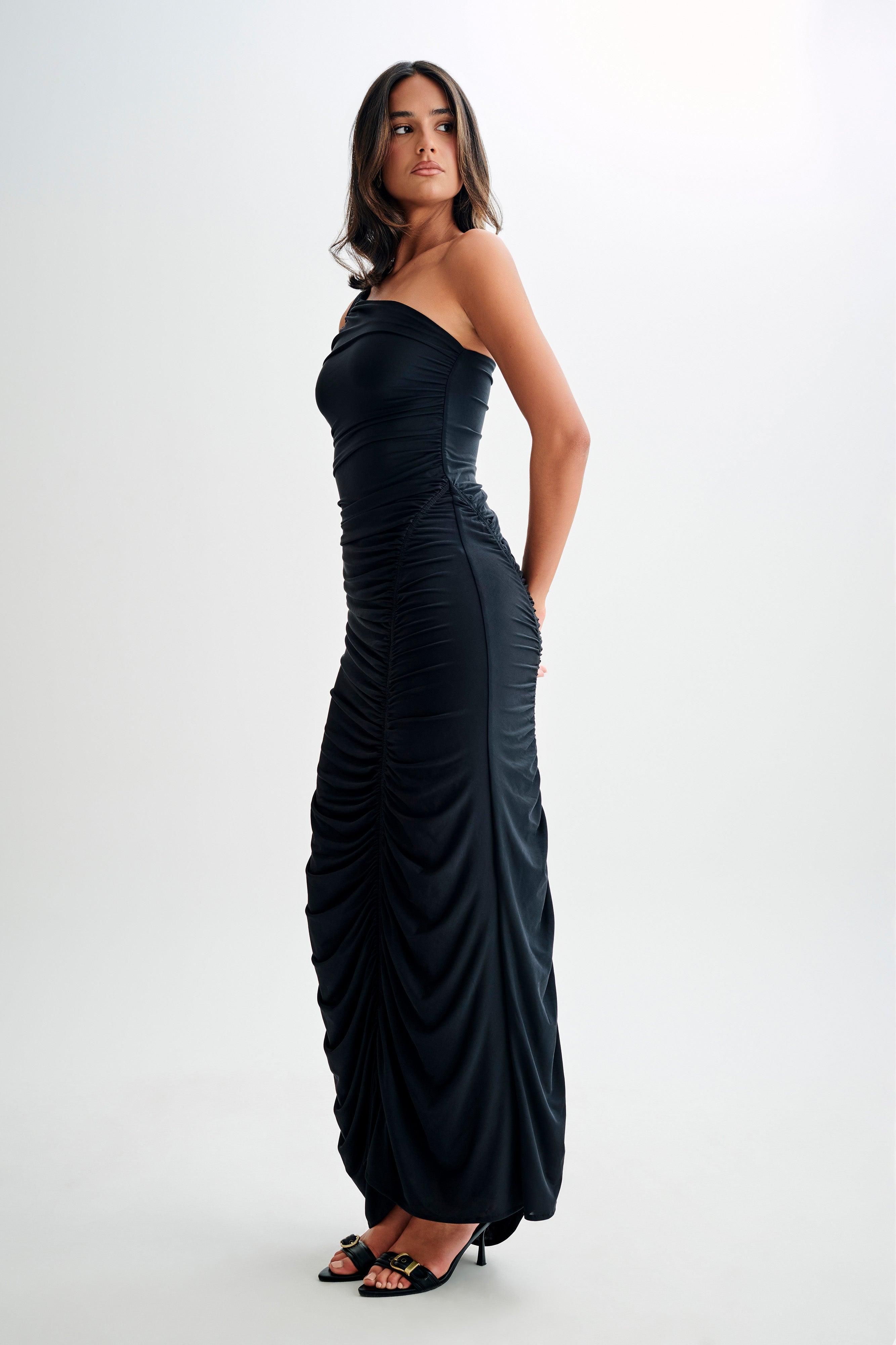 Capri Gathered Slinky Maxi Dress - Black Product Image