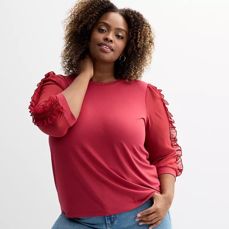 Plus Size Chelsea & Theodore 3/4-Sleeve Woven Ruffle Blouson Sleeve Top, Womens Red Red Product Image