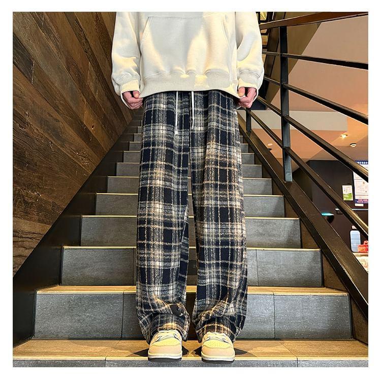 High Waist Plaid Wide Leg Pants Product Image