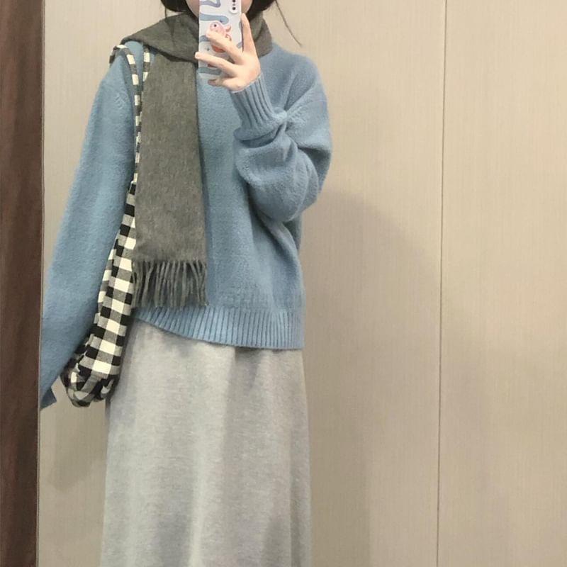 Set: Long-Sleeve Round Neck Plain Sweater + High Rise Midi A-Line Skirt Product Image