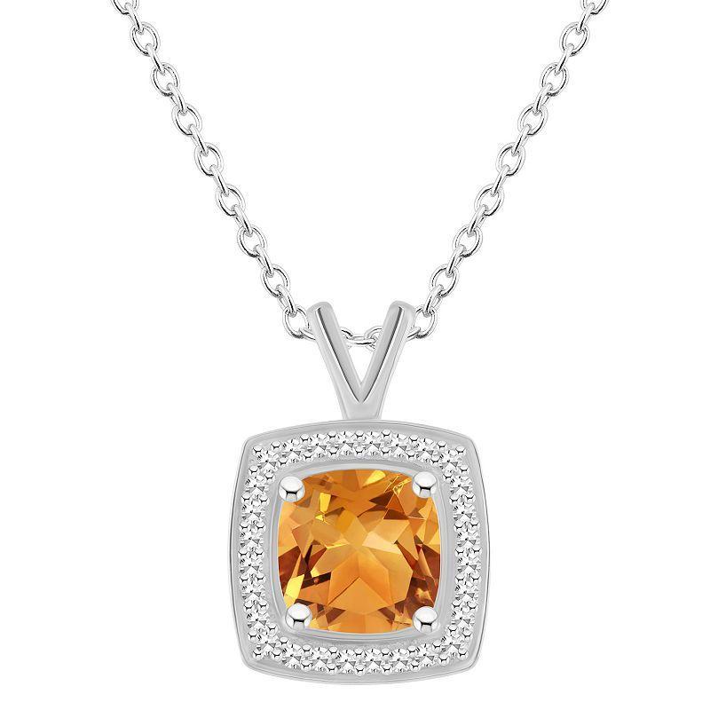 Celebration Gems Sterling Silver Cushion Gemstone & 1/8 Carat T.W. Diamond Halo Pendant Necklace, Womens Citrine Product Image