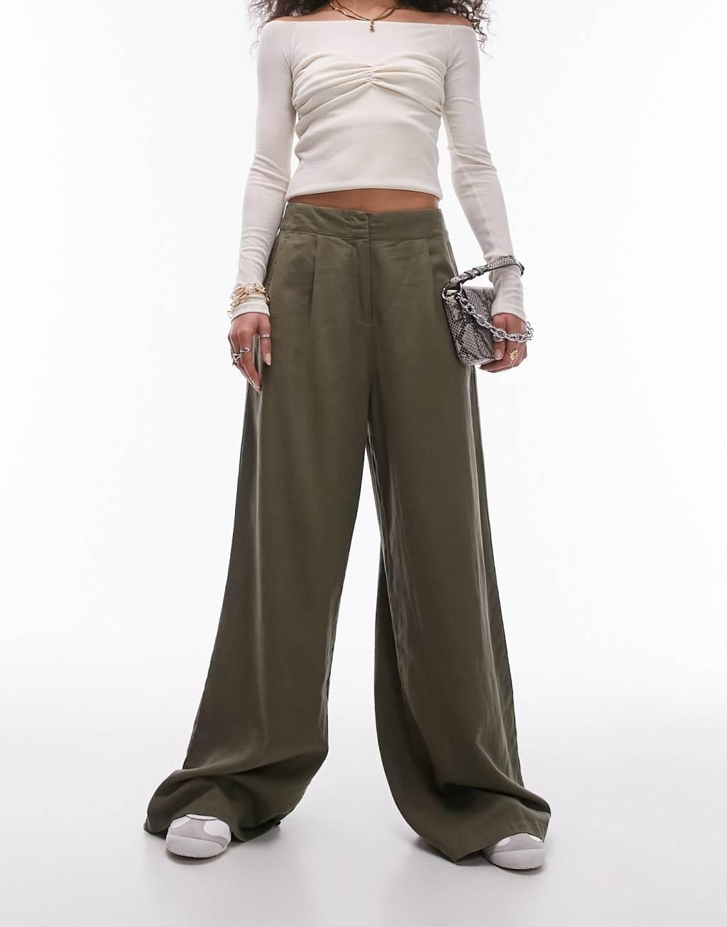 Topshop linen high waist super wide leg pants in khaki Product Image