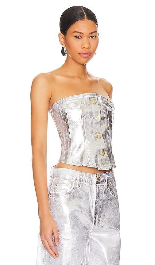 Ganni Foil Denim Corsage Top Size 40. Product Image