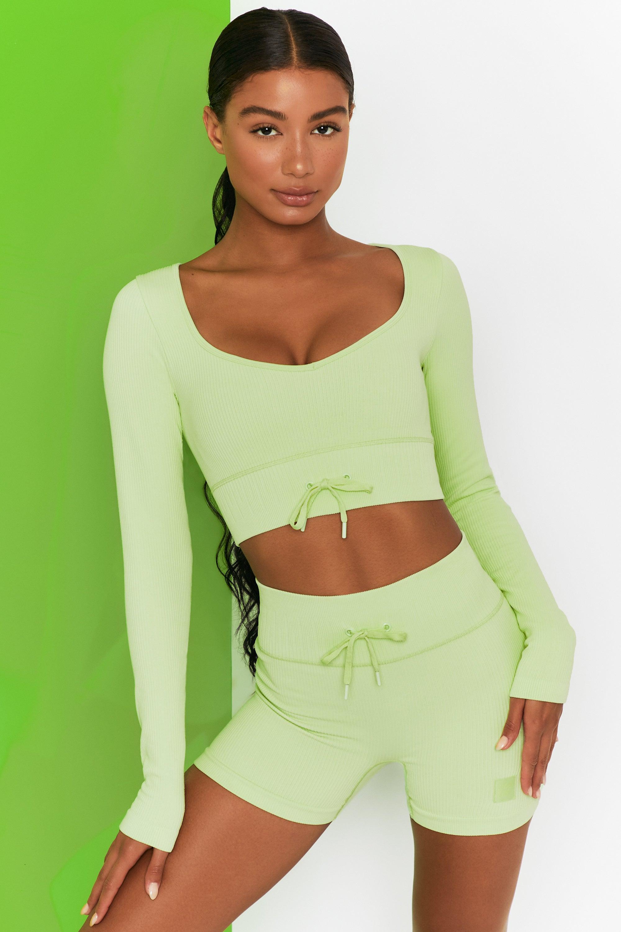 Time Check Ribbed Long Sleeve Crop Top in Lime Product Image