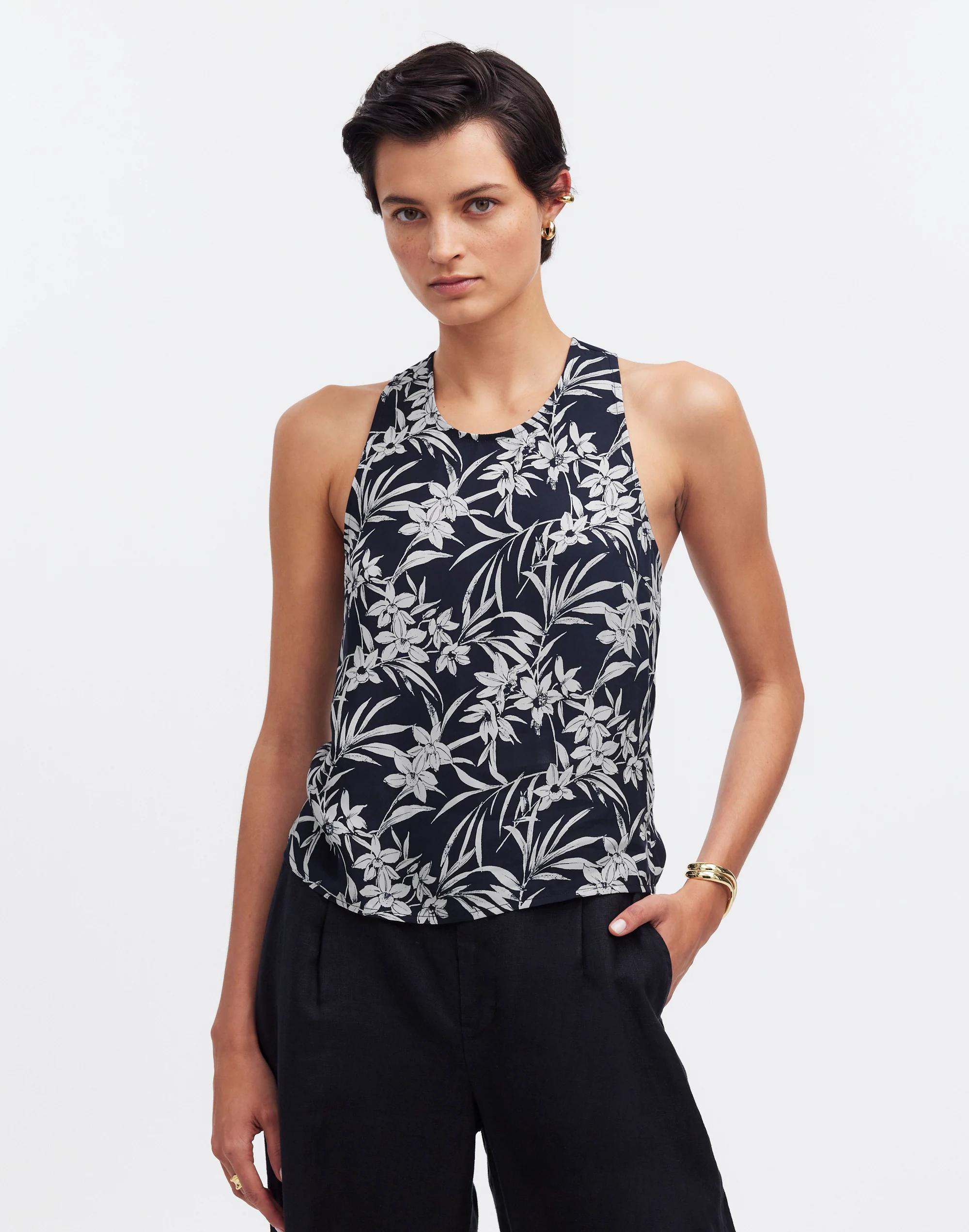 Crisscross-Back Sleeveless Top in Floral Cupro-Blend Product Image