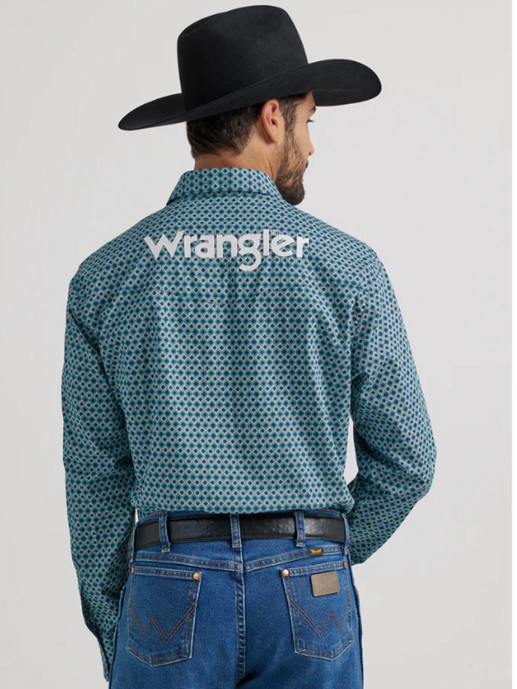 SALE Wrangler® Men's L/S Navy/Teal Pattern Button Shirt SIZE 2XL Product Image