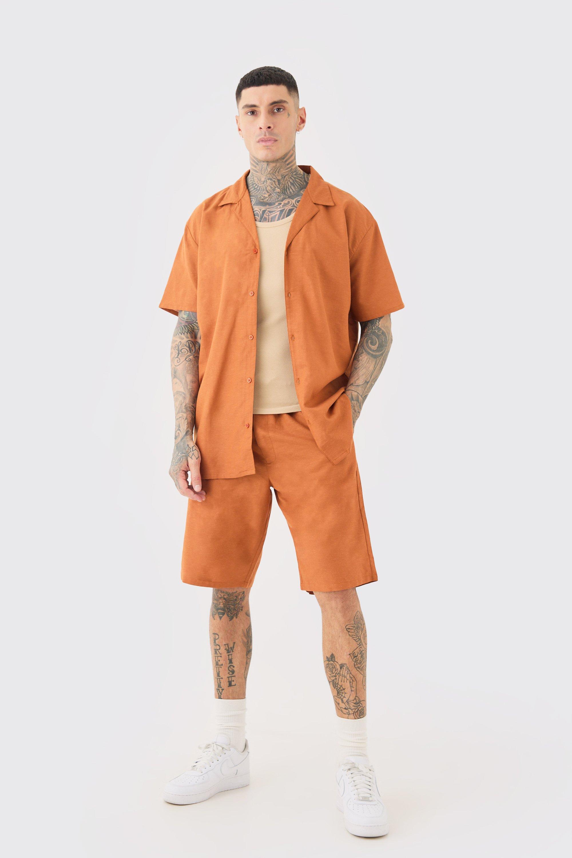 Tall Oversized Linen Drop Revere Shirt & Short Set In Brown | boohooMAN USA Product Image