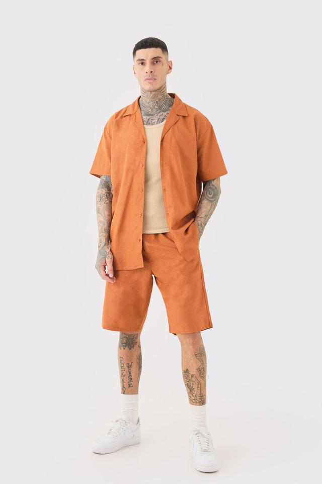 Tall Oversized Linen Drop Revere Shirt & Short Set In Brown | boohooMAN USA Product Image