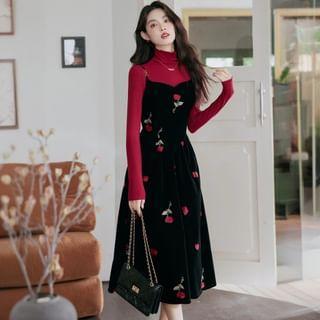 Set: Long-Sleeve Mock Neck Plain Knit Top + Spaghetti Strap Floral Embroidery Maxi A-Line Dress Product Image