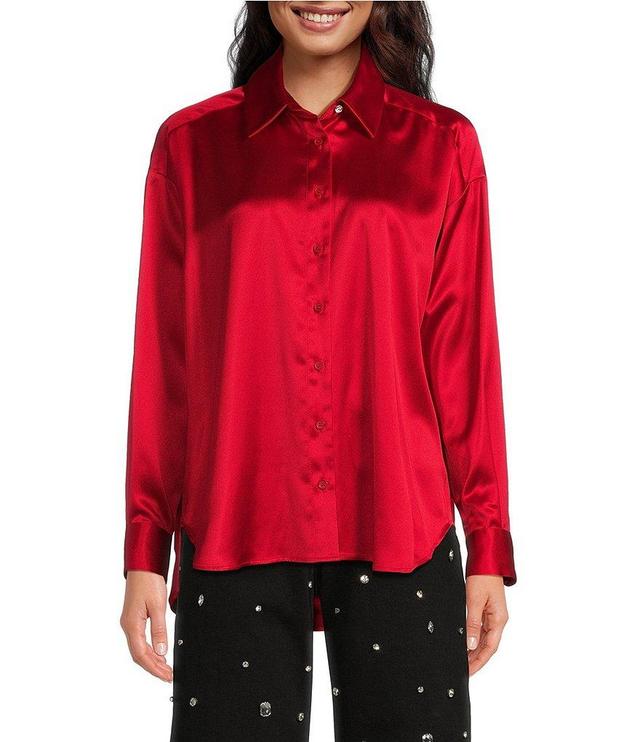 Gianni Bini Skylar Point Collar Button Front Long Sleeve Satin Blouse Product Image