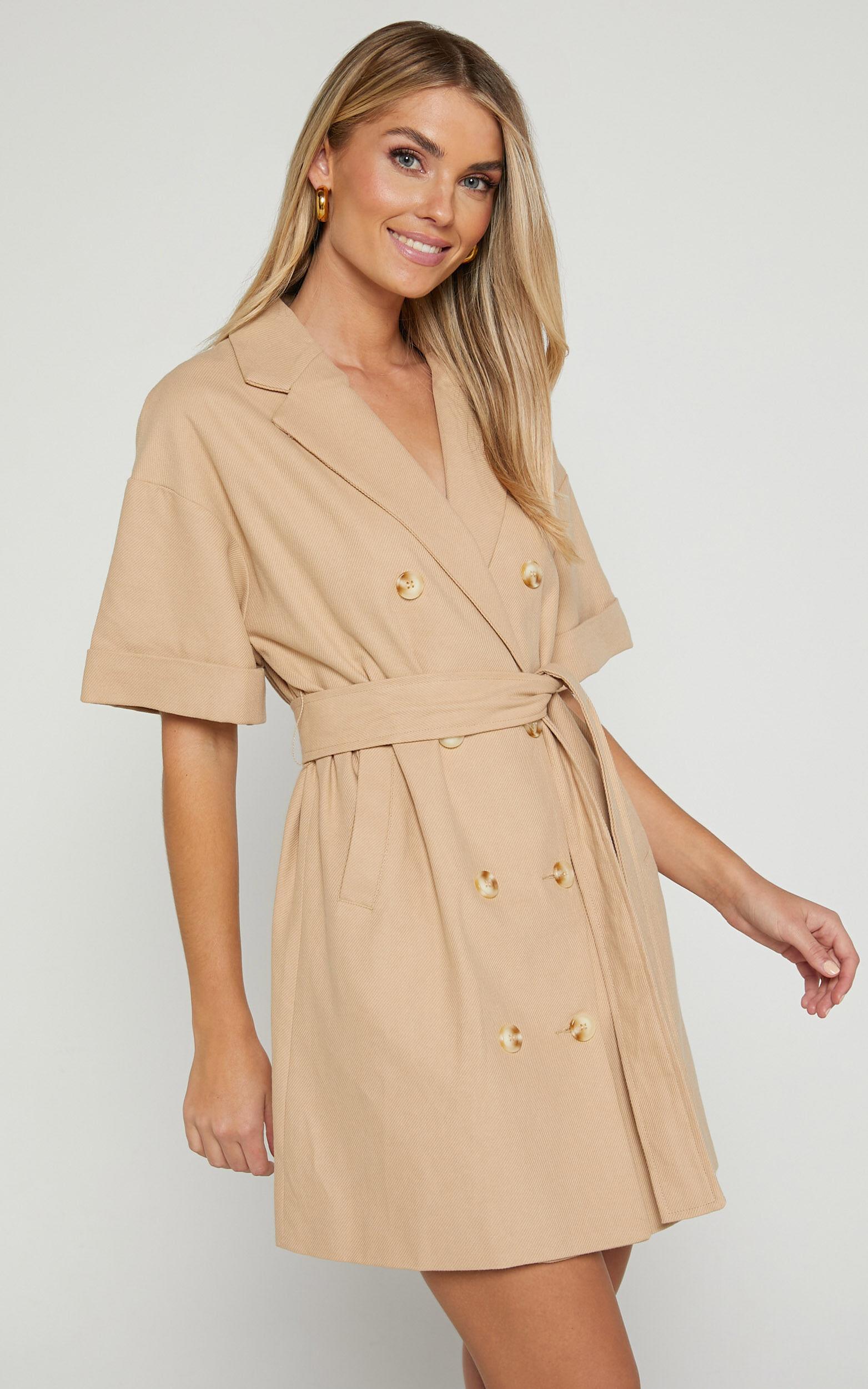 Cyrus Mini Dress - Waist Wrap Short Sleeve Blazer Mini Dress in Stone Product Image