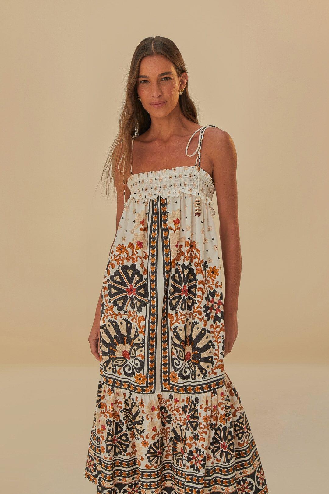 Flower Fan Tapestry Off-White Midi Dress Product Image