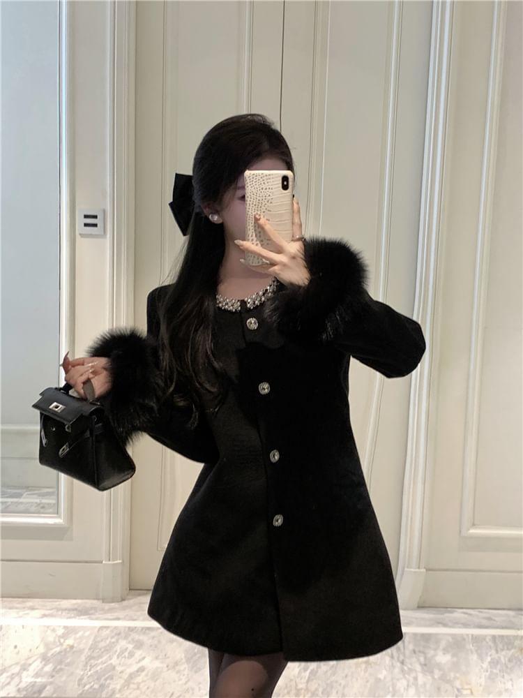 Round Neck Beaded Fluffy Trim Single-Breasted Coat Product Image