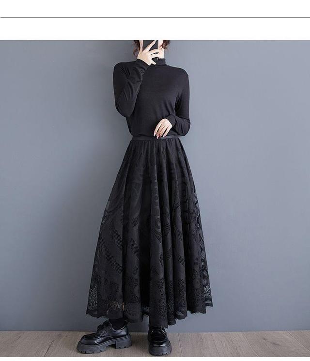 Elastic Waist Lace Overlay Midi A-Line Skirt Product Image