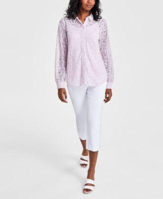 Jm Collection Womens Lace Button Down Long Sleeve Shirt Pull On Slim Fit Cropped Pants Created For Macys Product Image