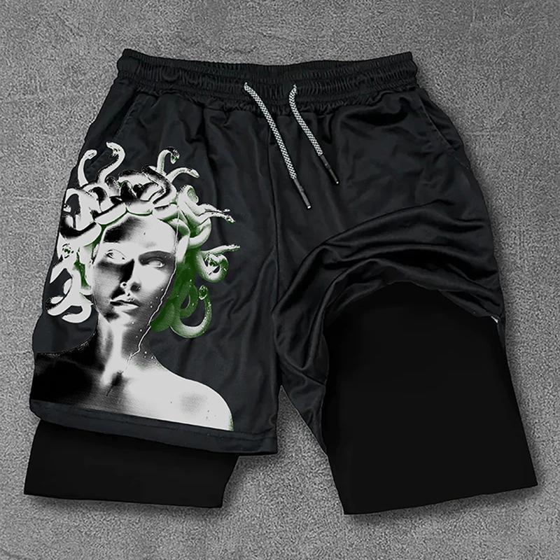 Medusa Arts Print Graphic Double Layer Gym Shorts Product Image