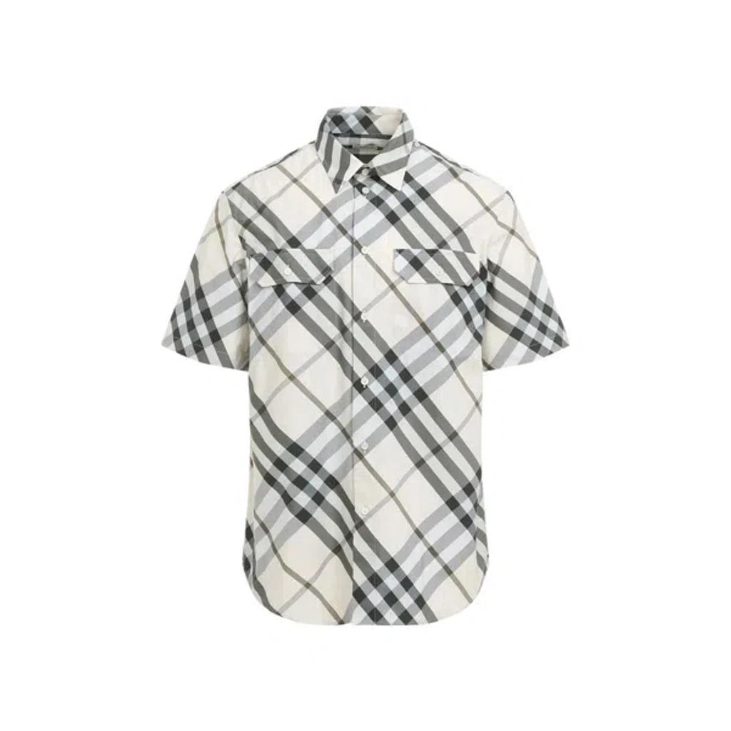 Check Short Sleeve Cotton Button-up Shirt In Beige Product Image