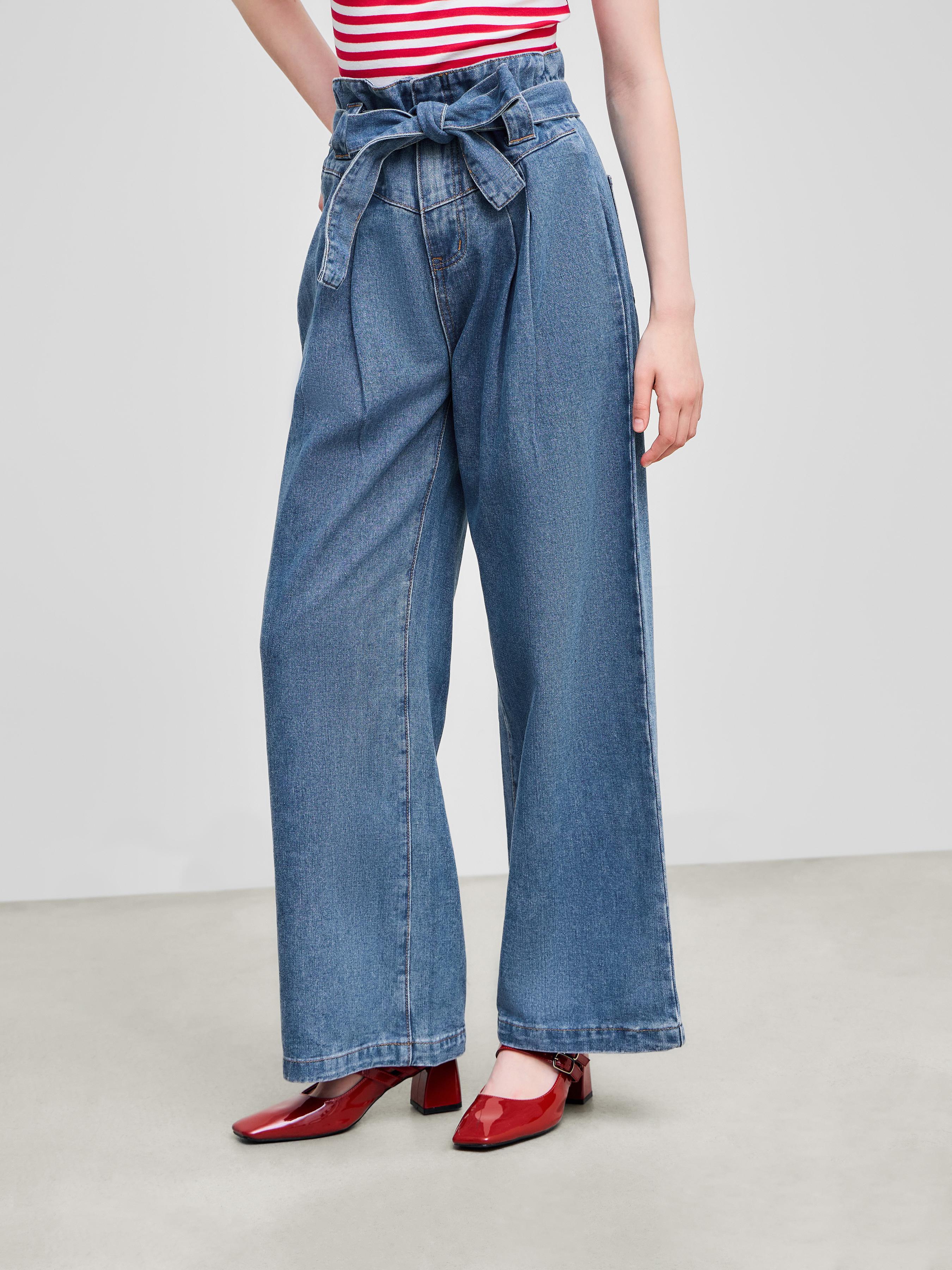 High Waist Solid Bowknot Wide Leg Jeans product image