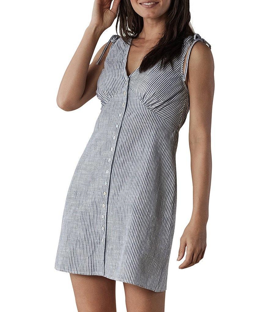 The Normal Brand Lived-in Railroad Stripe Woven Slub V-Neck Sleeveless Button Front Shirt Dress Product Image