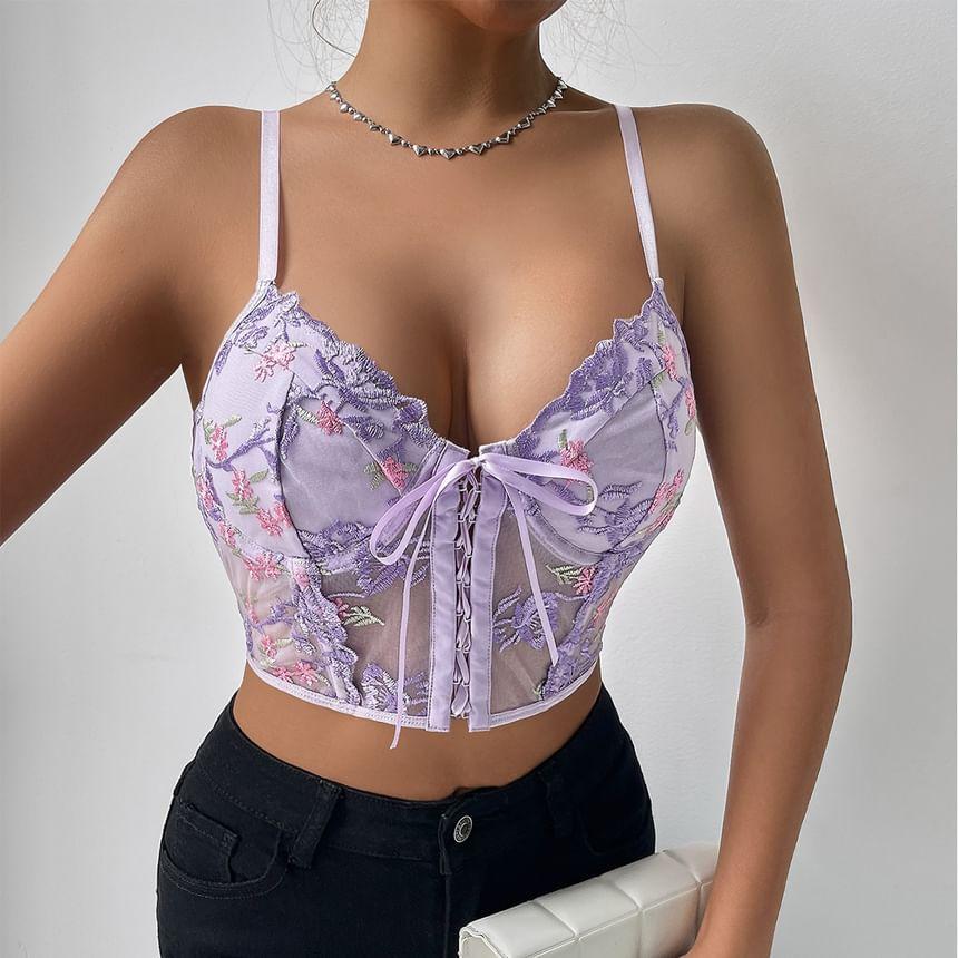 Flower embroidered Bow Cropped Bustier Top Product Image