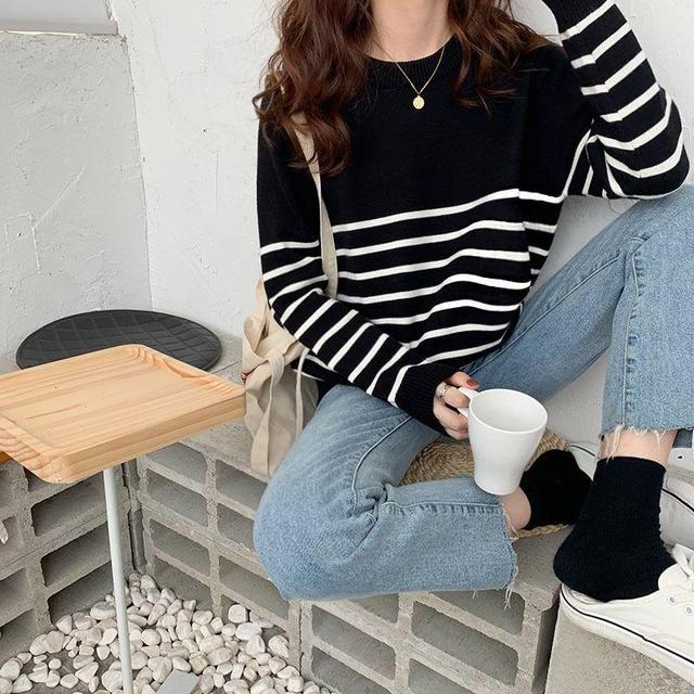 Crew Neck Striped Sweater Product Image