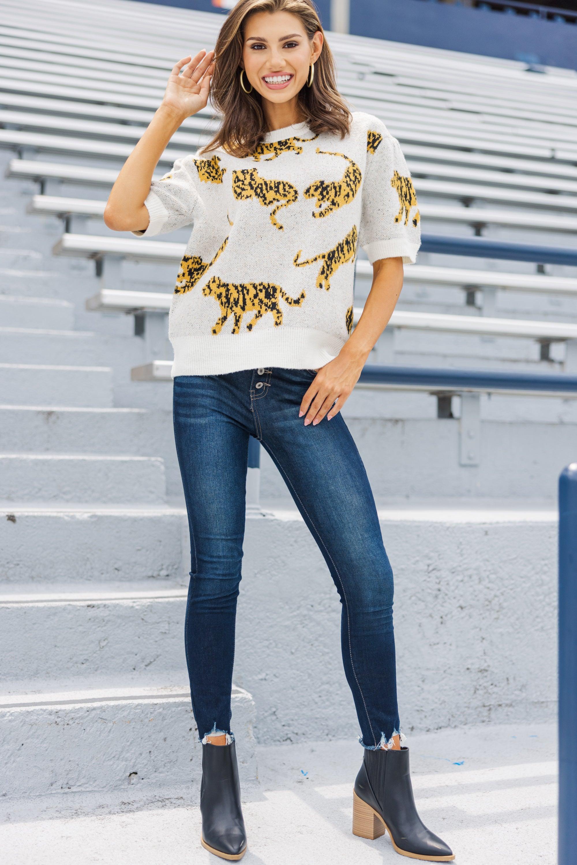 On The Prowl Ivory White Tiger S/S Sweater Female Product Image