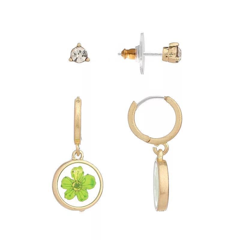 Bella Uno Worn Gold Cubic Zirconia Stud & Green Pressed Flower Charm Hoop Earring 2-piece Set, Womens, Gold Tone Product Image