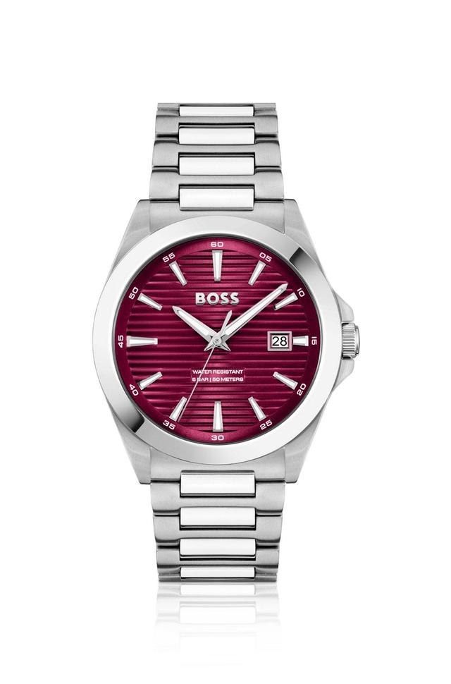 BOSS - Silver-tone watch with burgundy grooved dial Product Image