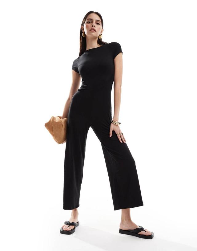 ASOS DESIGN cap sleeve slash neck jumpsuit in black Product Image