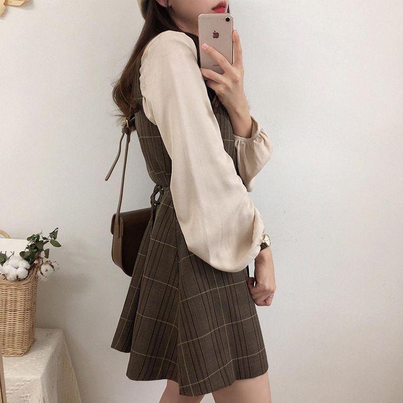 Long-Sleeve Blouse / Plaid Mini Buttoned Overall Dress Product Image